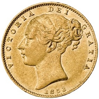 1853 Sovereign Young Head Shield Obverse