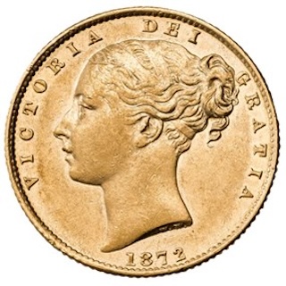 1872 Sovereign Young Head Shield Obverse
