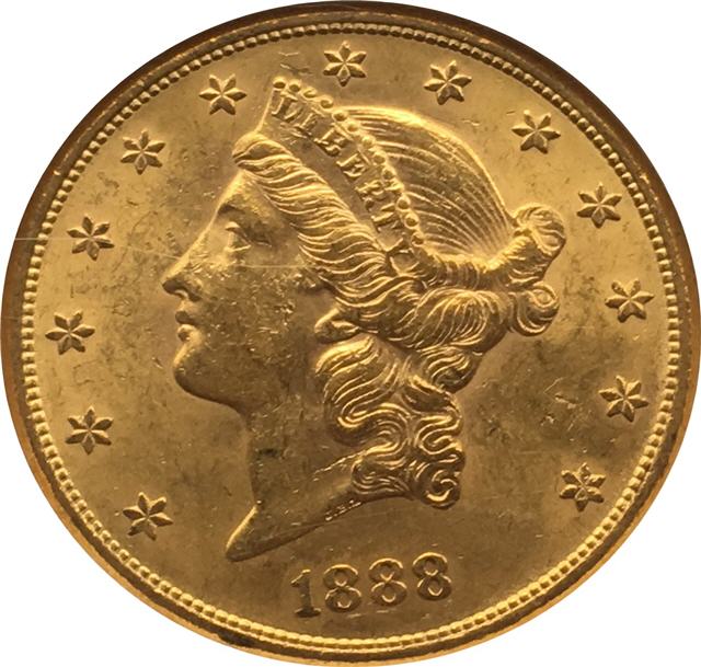 1888 S $20 Gold Liberty Double Eagle Obverse