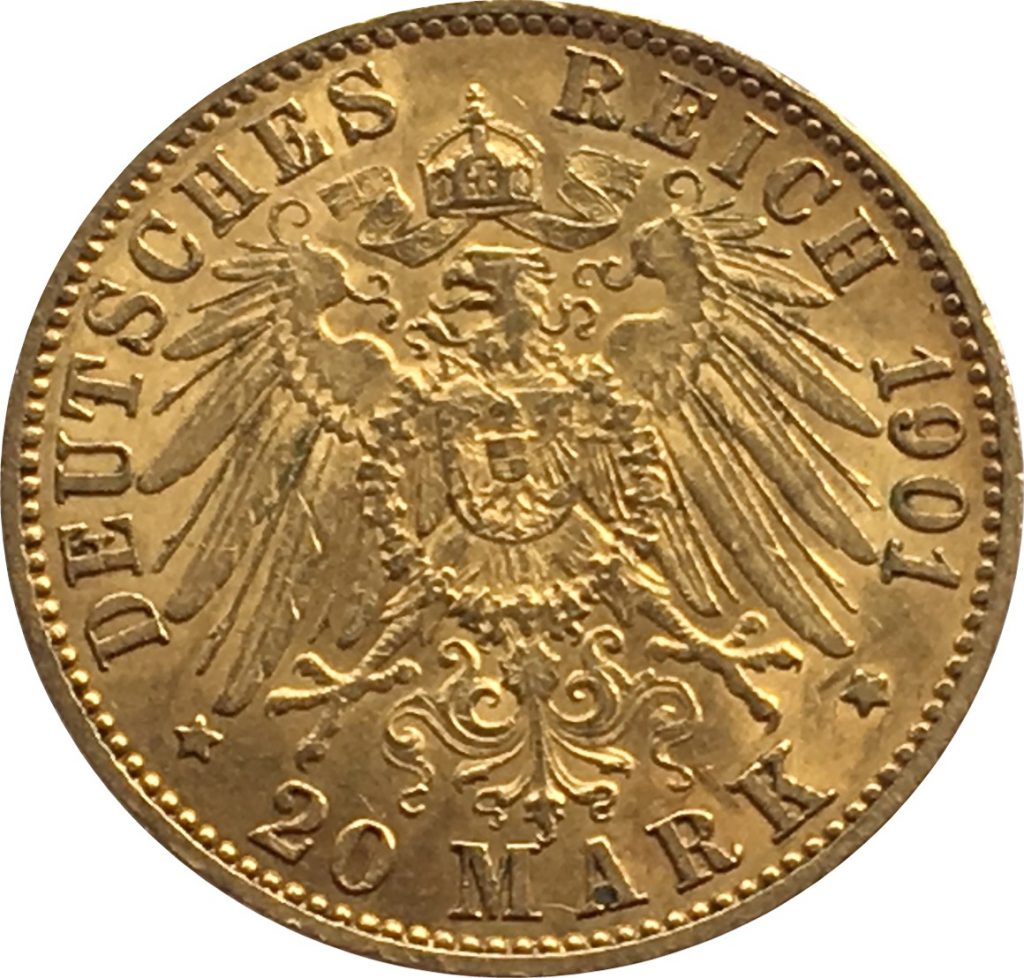 1901 Gold 20 Marks Germany Reverse