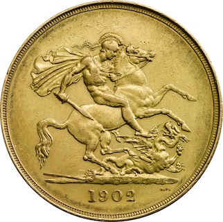 1902 Gold Proof Five Pounds Edward VII Reverse
