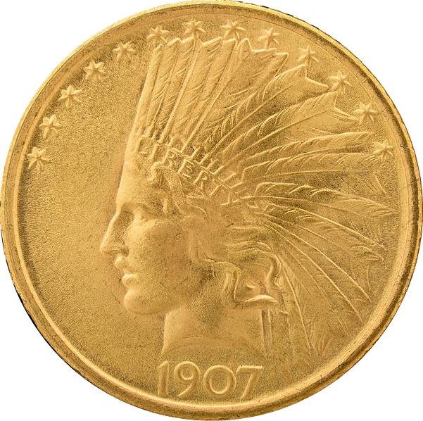 1907 Indian Head Eagle Gold 10 Dollar Obverse. Image - National Numismatic Collection, National Museum of American History