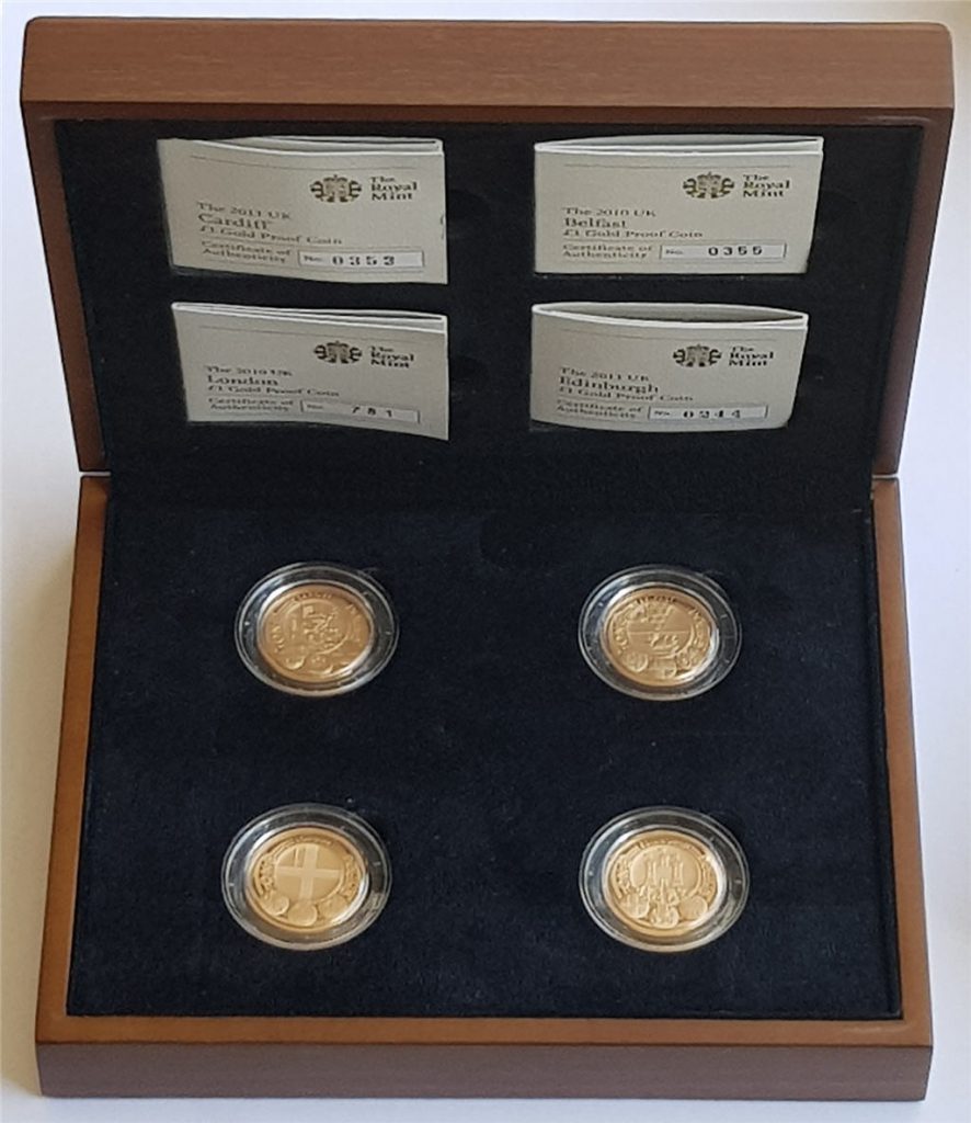 2010 and 2011 UK Cities 4 Coin Gold Proof One Pound Set Box